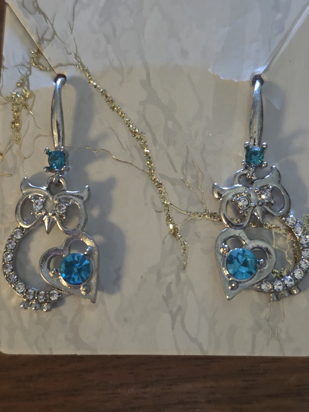 Silver Owl Heart Drop Earrings with Blue Crystals